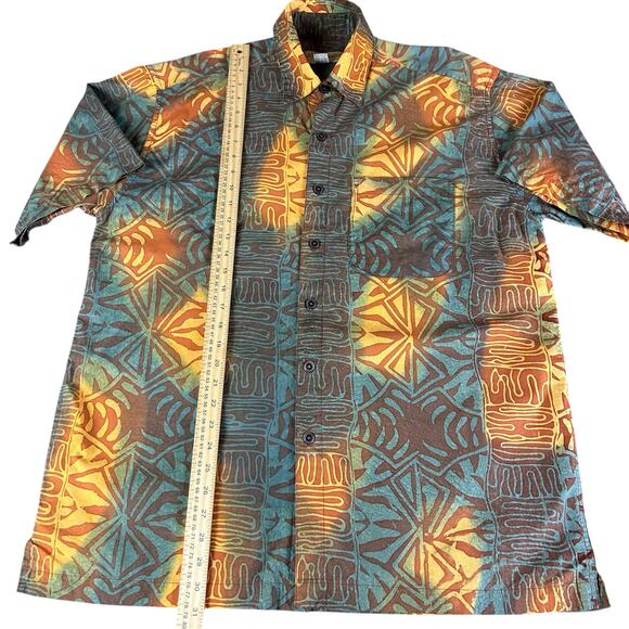 Johari West Shirt Men Sze L Teal Yellow Multi Batik Geometric Hawaiian Button Up - Picture 6 of 8